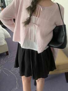 DAZY 前后双面蝴蝶结轻薄女式毛衣 - 淺粉色 - 查看 3