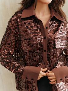 Anewsta Áo sơ mi nữ chuyên nghiệp túi sequin mờ mới thu - màu nâu - Xem 2