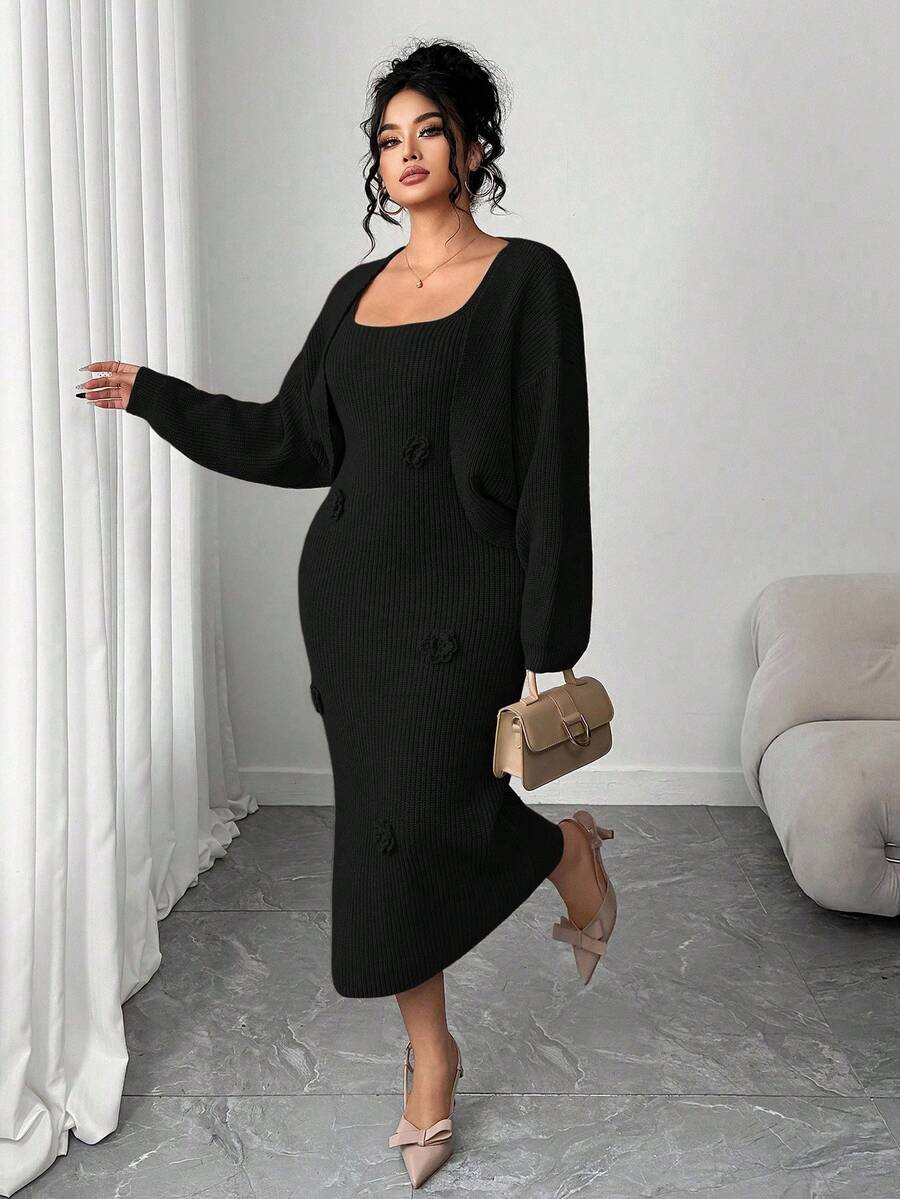 Elenzga 大码纯色优雅针织花卉连衣裙配蝙蝠袖开衫毛衣套装 - 黑色 - 查看 1