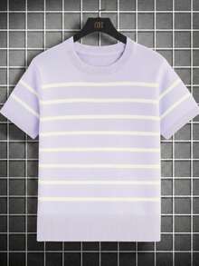 Playera casual para hombre estilo sencillo con diseño de rayas tela de punto holgada cuello redondo manga corta para primavera verano uso diario - Morado - Ver 2
