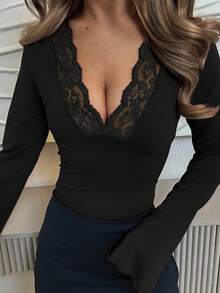 Jemour Women's Slim Fit V-Neck Contrast Lace Solid  Long Sleeve Casual Top Tee - Black - View 3