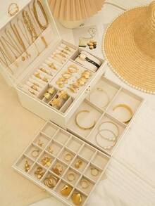 3-Layer Large Capacity Jewelry Storage Box, Portable Jewelry Storage Box, Dressing Table With Drawer Jewelry Storage Box, Gift Leather Jewelry Box, Exquisite Display Packaging Storage Container.