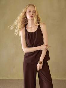 MOTF STUDIO 2 PIEZAS CONJUNTO CASUAL DE MUJER CON TOP Y PANTALONES CON CUERDA TRENZADA Y ADORNO DE CUENTAS - Café integral - Ver 5
