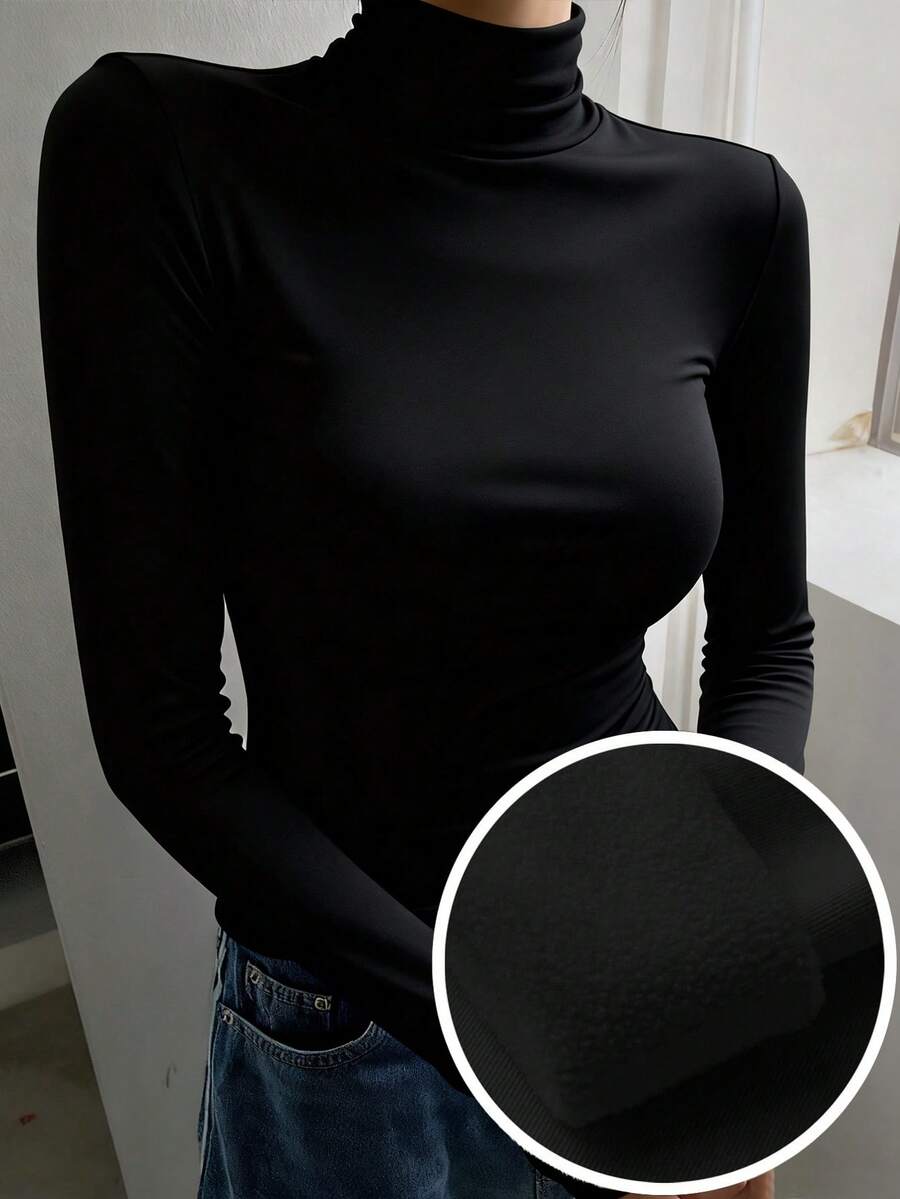 FRIFUL 女士纯色高领插肩袖修身抓绒T恤 - 黑色 - 查看 1