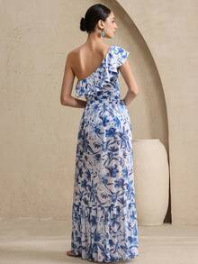 Swim Oasis 1pc Women's One-Piece Swimsuit + Mesh Skirt Halter Ruffled Elegant Chic Vacation 2-Piece Set, Spring/Summer/Autumn Beach Skirt Set Blue And White Floral Skirt Set Pucci Two Piece Set Women Skirt Women Matching Sets Summer Two Piece Skirt Set Summer Filipiniana Bathers - Blue and White - View 4