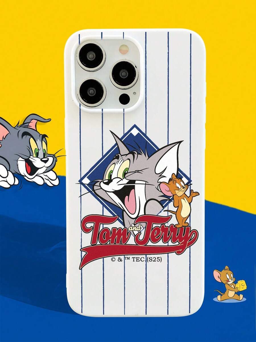 TOM & JERRY X SHEIN Ốp lưng điện thoại mềm màu trắng phong cách hoạt hình Cat & Mouse Classic Duo, thiết kế sọc xanh với dòng chữ "Feline & Rodent Buddies", tương thích với iPhone và Galaxy, sử dụng hàng ngày và dành cho người hâm mộ phim hoạt hình, phong cách giản dị, phù hợp với người yêu thích hoạt hình và người dùng sành điệu - trắng - Xem 1