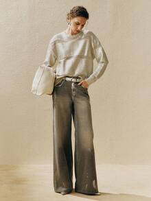 Arave Women's Chenille Fabric, Dropped Shoulder Loose Fit, Patchwork Design, Gold And Silver Plating, Casual Everyday Sweater     Sweater - Apricot - View 3