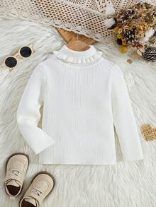 SHEIN Vintaside Kids 女童纯色高领毛衣，荷叶边长袖针织套头衫，适合内搭外套，秋冬季休闲穿着 - 白色 - 查看 3
