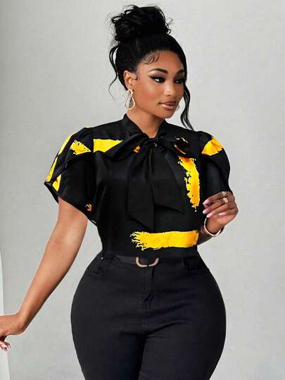 Maweii Plus Size Women's Brush Print Tie Collar Floral Short Sleeve Fashionable Blouse