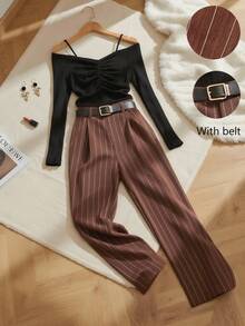 Franclia Women's Autumn Elegant Office Two-Piece Suit,Black Knitted Slim Fit Long-Sleeved Top & Brown Black And White Striped Wide-Leg Pants With Belt Set - Multicolor - View 1