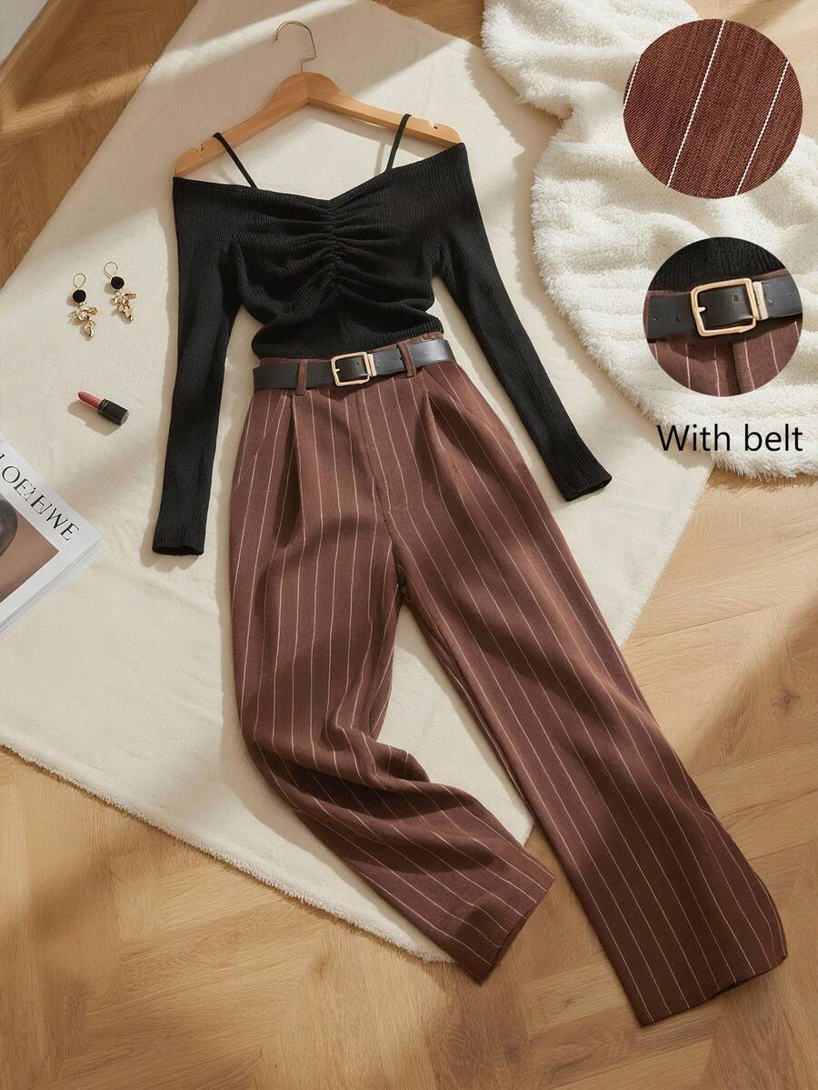 Franclia Women's Autumn Elegant Office Two-Piece Suit,Black Knitted Slim Fit Long-Sleeved Top & Brown Black And White Striped Wide-Leg Pants With Belt Set - Multicolor - View 1