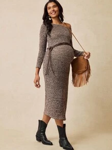 Boho Mama 孕妇秋季时尚不对称领口修身连衣裙 - 彩色 - 查看 3