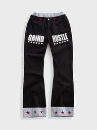 Street Life Men's Double-Layer Waistband Star Letter Print Flared Jeans