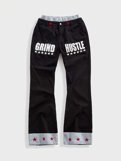 Street Life Jeans acampanados con estampado de letras y doble cintura para hombres
