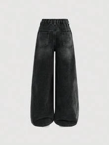 SHEIN Quần jean denim màu xám cơ bản cho bé gái tuổi teen, dáng rộng, lót giữ nhiệt, giữ ấm mùa thu/đông, quần jean cạp cao dáng suông đa năng, quần jean ống rộng phong cách Y2K, phù hợp cho giáo viên, đi học, đi nhà thờ, công sở, quần jean cargo, quần ống rộng mùa thu đông, quần jean denim ống rộng cạp cao, phong cách đường phố, quần mùa đông, quần jean lông cừu, quần jean ấm áp, quần jean đen, quần jean lót giữ nhiệt, quần jean dáng rộng, quần jean thùng thình - màu đen - Xem 7