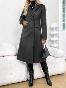 SHEIN LUNE Women's Elegant Minimalist Double-Breasted Overcoat - Dark Grey - View 3