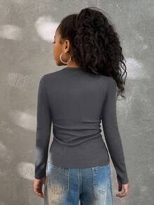 Coolane Áo thun nữ mùa thu thời trang ôm sát, tay áo raglan, cổ chữ U, eo nhún, co giãn - Màu xám đen - Xem 2