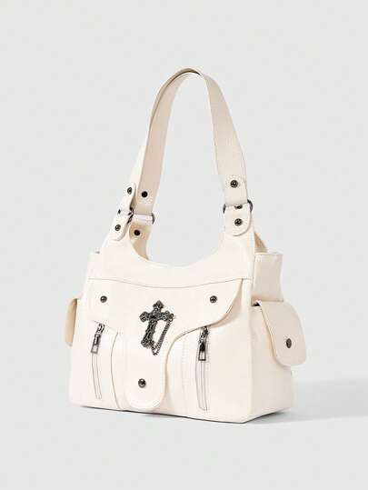 Goth Bolso de hombro de mujer de gran capacidad con correa de cuero PU de moda y única, bolso de almacenamiento de uso diario casual, bolso de estilo japonés y de calle para mujer, nuevos bolsos de mano para mujer