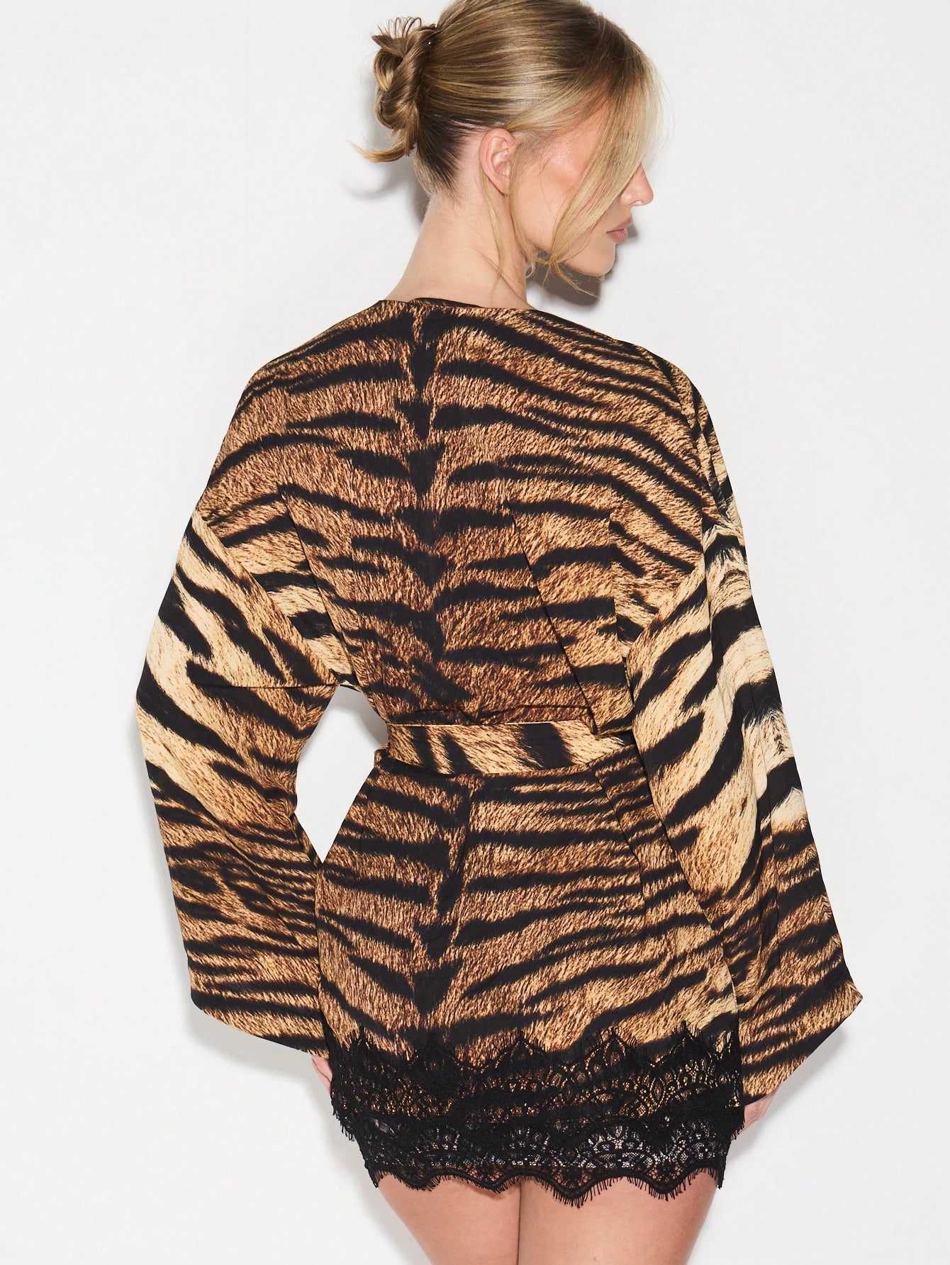 KIZN Tiger Print Wrap Robe With Lace Hem