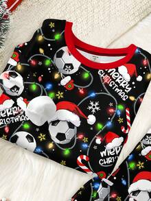 Pijama de niño pequeño de estilo minimalista casual, clásico y cómodo para Navidad, con diseños divertidos, de fútbol, de dibujos animados y de Navidad, de corte ajustado, cuello redondo y manga larga, adecuado para otoño/invierno - Multicolor - Ver 4