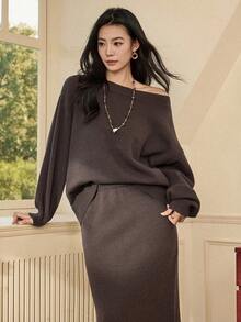 Dazy-Less 女士优雅简约圆领宽松针织毛衣和半裙两件套，秋冬商务休闲女装 - 深灰色 - 查看 4