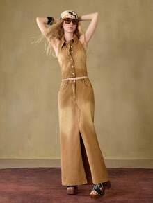 MOTF STUDIO WASHED SLEEVELESS JACKET & SPLIT SKIRT DENIM SET , FALL WINTER