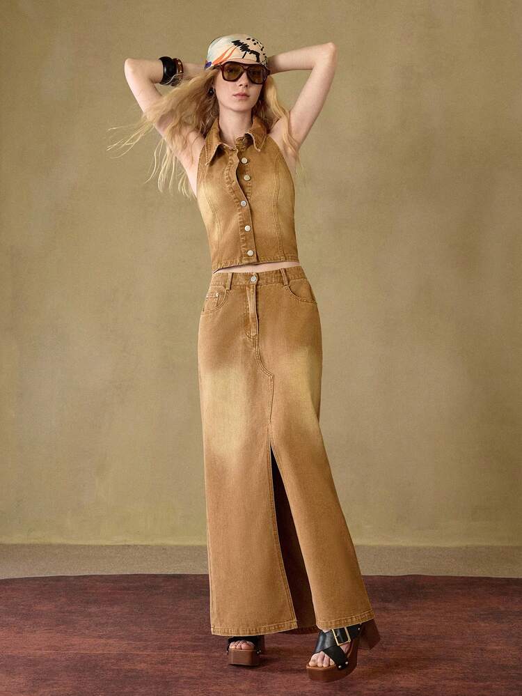 MOTF STUDIO WASHED SLEEVELESS JACKET & SPLIT SKIRT DENIM SET , FALL WINTER