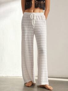 Ocili Women's Solid Color Crochet Low Waist Straight Leg Pants, Loungewear - White - View 6