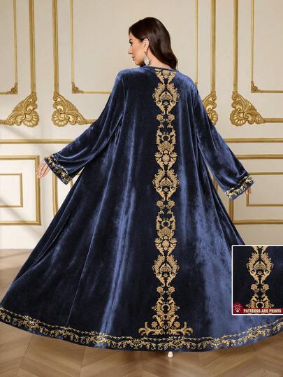 SHEIN Najma Women's Damask Floral Print Long Sleeve Elegant Velvet Abaya, Suitable For Spring And Autumn