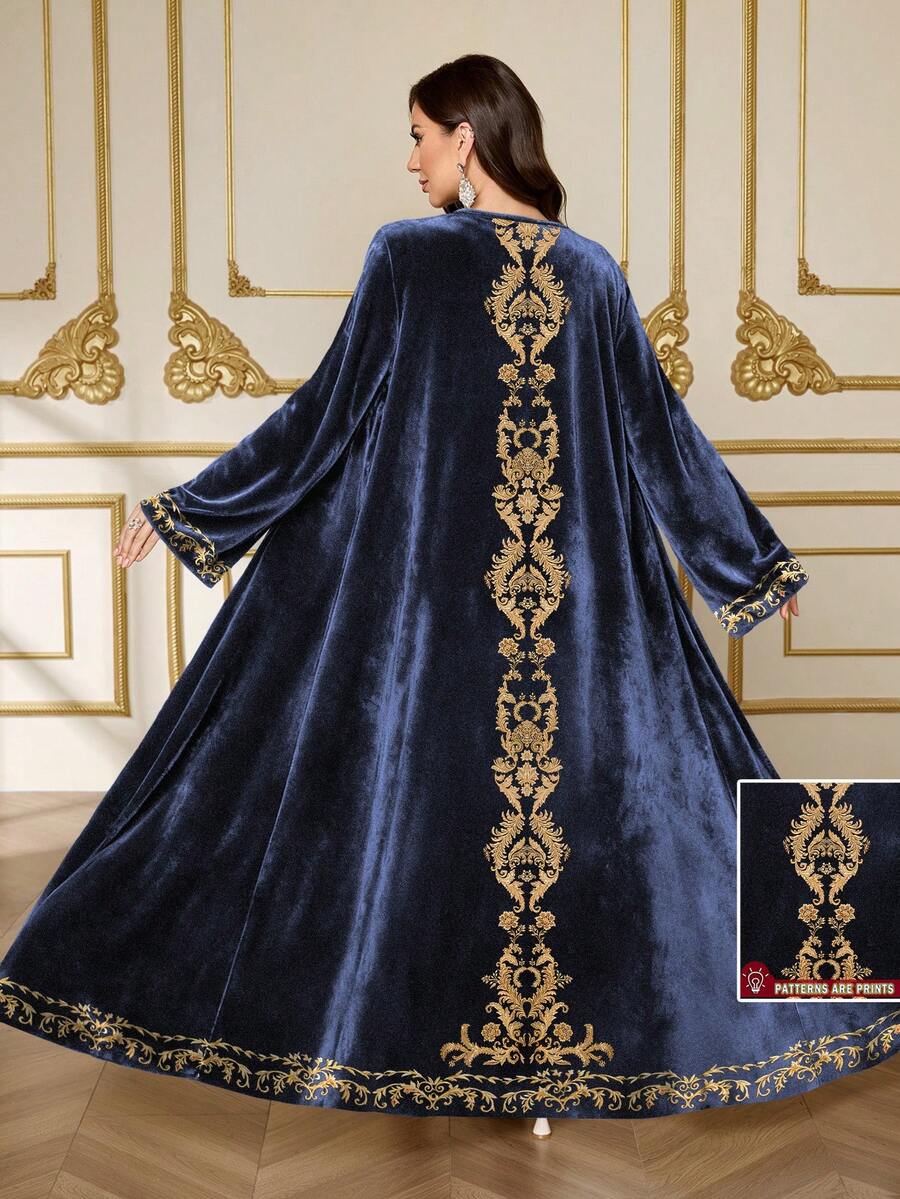 SHEIN Najma 女士大马士革花卉印花长袖优雅丝绒长袍，适合春秋季穿着