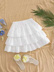 SHEIN 1pc Teen GirlElastic Waist Jacquard 3-Layer Cake Skirt, Pleated Mini Skirt, Spring/Autumn - White - View 2