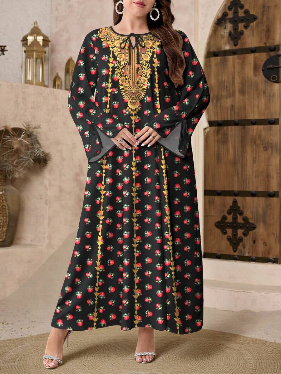 SHEIN Najma رمضان فستان طويل الأكمام أنيق بطبعات زهور وأوراق نباتية رقمية بياقة على شكل حرف V وربطة أمامية، بأسلوب عربي، مناسب للربيع، مقاسات كبيرة للسيدات - متعدد الألوان - مشاهدة 1