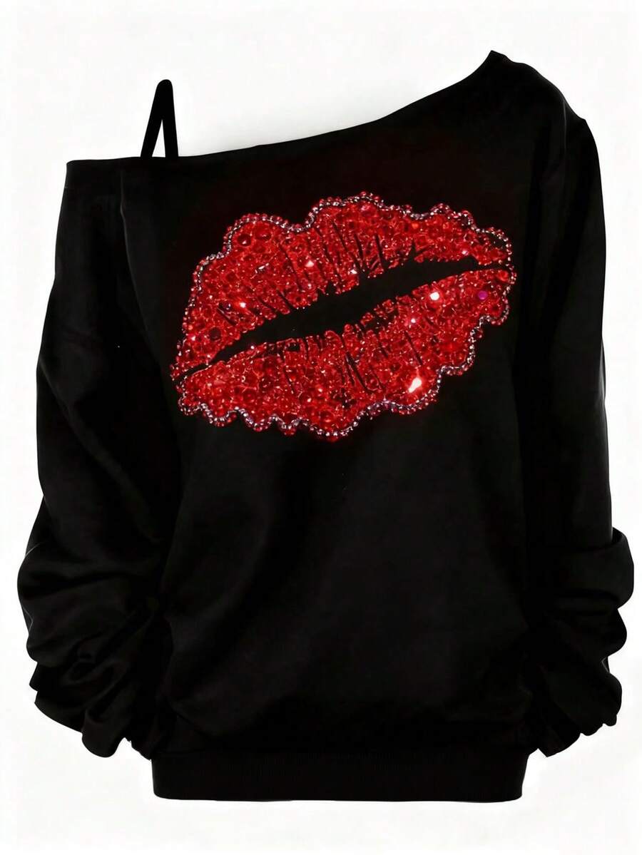 EMERY ROSE Bestselling New Lip Print Plus Size T-Shirt, Valentine's Day - Black - View 1