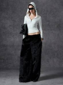 LYSMO 新款极简主义冬季女装时尚纯色蓬松长裤，冬季流苏裤飘逸裤黑色阔腿裤女式流苏裤荷叶边裤 - 黑色 - 查看 5