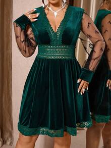 Allurite Plus Size Women V-Neck Lace Patchwork Fashion Party Dress - Dark Green - View 5