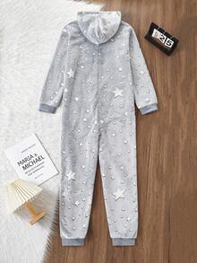 Teen Boys Pajamas-Hooded  Zip Front Long Sleeve Full Length Pants Starry Sky Print Gray Thick Warm Autumn Winter 2026 New Year Essential Luminous Effect Boys Lounge Set  Pajama Jumpsuit - Grey - View 2