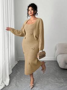 Elenzga Plus Size Solid Color Elegant Knitted Floral Dress With Batwing Cardigan Sweater Set - Khaki - View 1