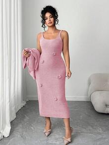 Elenzga 情人节加大码优雅纯色针织连衣裙，花卉针织设计，搭配蝙蝠袖开衫套装，情人节 - 粉色 - 查看 3