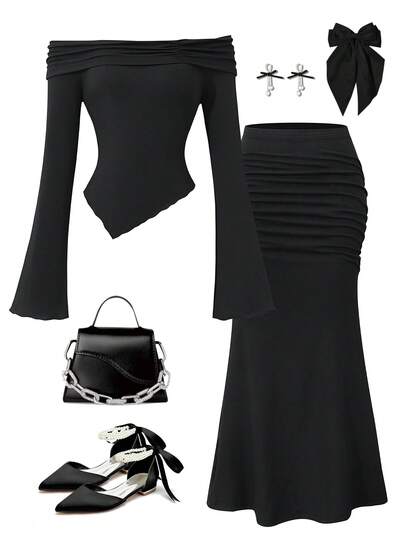 Sparklyn 2pcs/Set Teenage Girls T-Shirt + Knit Skirt Outfit, Ribbed Off-Shoulder Ruffle Bow Decor Asymmetric Hem Long Sleeve Fitted Cute Short Tee And Elegant Black Long Skirt, Suitable For Party, Back To School, French Chic, Princess, Wedding, Birthday