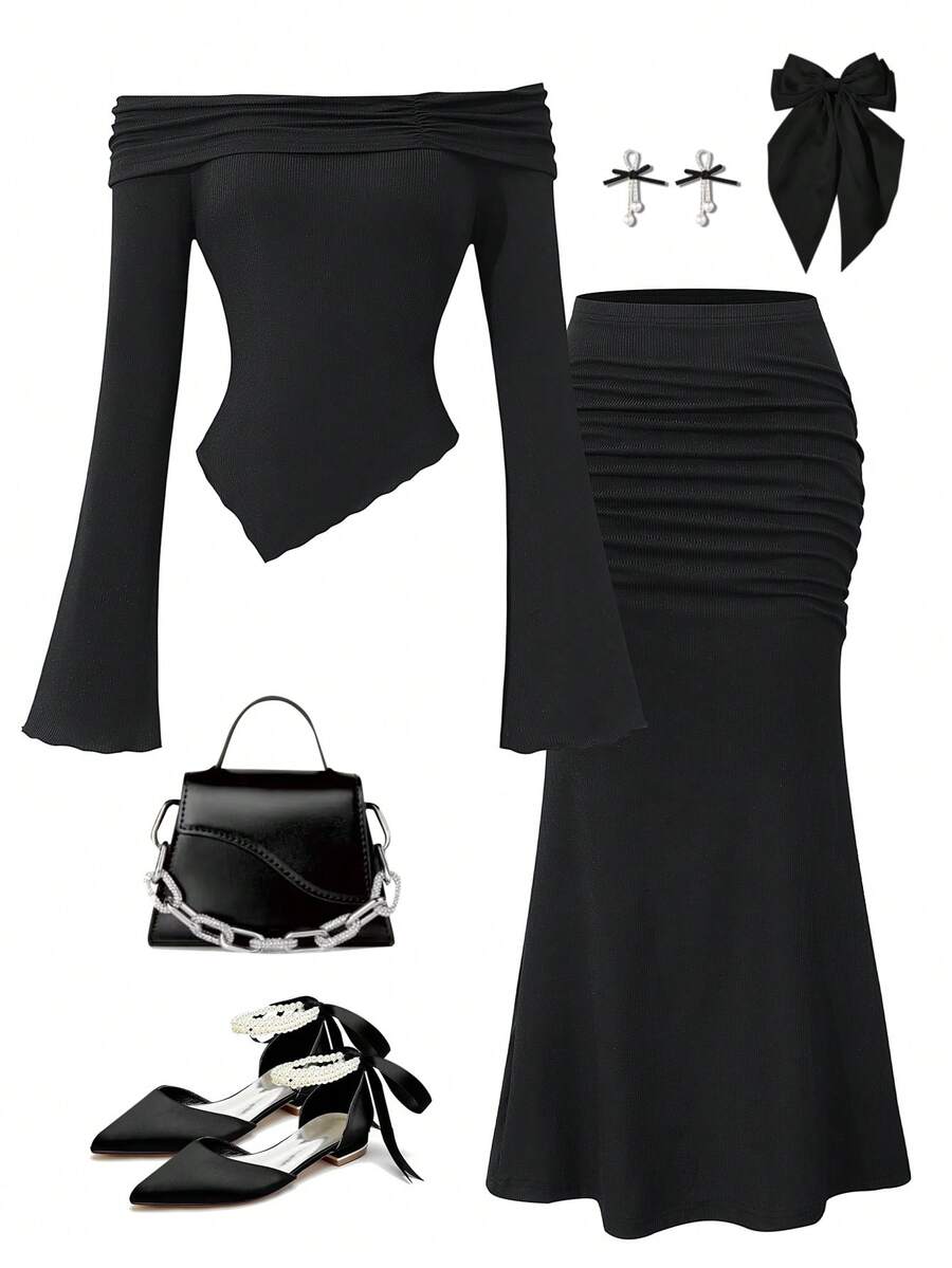 SHEIN 两件套少女T恤+针织裙套装,罗纹露肩荷叶边蝴蝶结装饰不对称下摆长袖修身可爱短款T恤搭配优雅黑色长裙,适合派对、返校、法式时尚、公主风、婚礼、生日等场合。 - 黑色 - 查看 1