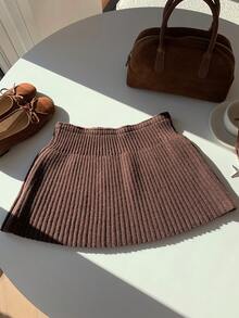 Comfortcana Women's Autumn/Winter Chocolate Brown Ribbed Mini Casual Sweater Skirt, Winter Sweater Dress, Brown Skirt - Chocolate Brown - View 4