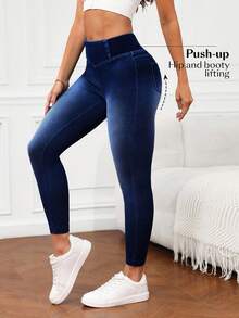 SHEIN PETITE Quần jean bó sát co giãn Ombre thường ngày cho nữ - Rửa tối - Xem 3