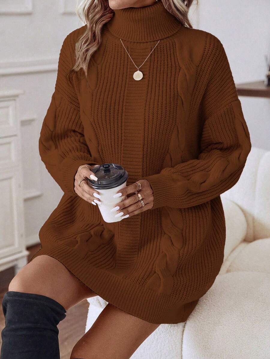 SHEIN LUNE Váy len cổ lọ trơn màu thường ngày dành cho nữ, Thu/Đông - Lạc đà - Xem 1