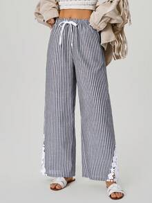 Freevana Bohemian Romantic Vacation Early Spring New Striped Lace Patchwork Wide Leg Pants For Women With Pockets - Black and White - View 3