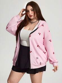 Enliva Moletom feminino plus size folgado, estampa de flor de cerejeira, volta às aulas, moletons, com capuz, blocos de cores, frutas e vegetais, poá, roupas de outono para mulheres, inverno, CURVE PLUS - Rosa - Ver 4