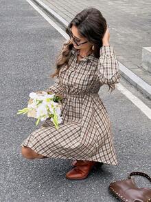 Serisse Women's Plaid Long Sleeve Shirt Dress,Retro Vintage Brown And White Polka Dot Autumn Back-To-School Checkered Button Half Placket Casual Dress,School - Brown - View 1