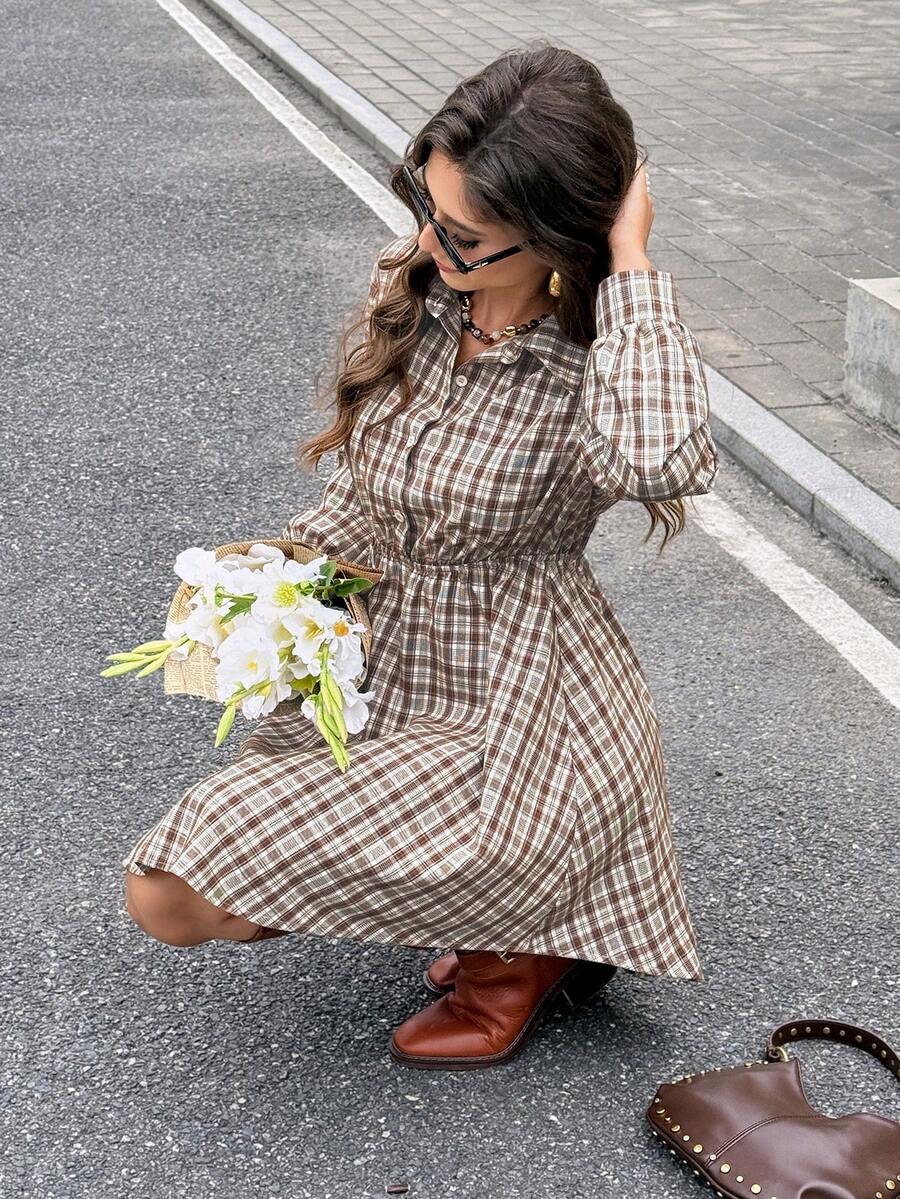 Serisse Women's Plaid Long Sleeve Shirt Dress,Retro Vintage Brown And White Polka Dot Autumn Back-To-School Checkered Button Half Placket Casual Dress,School - Brown - View 1