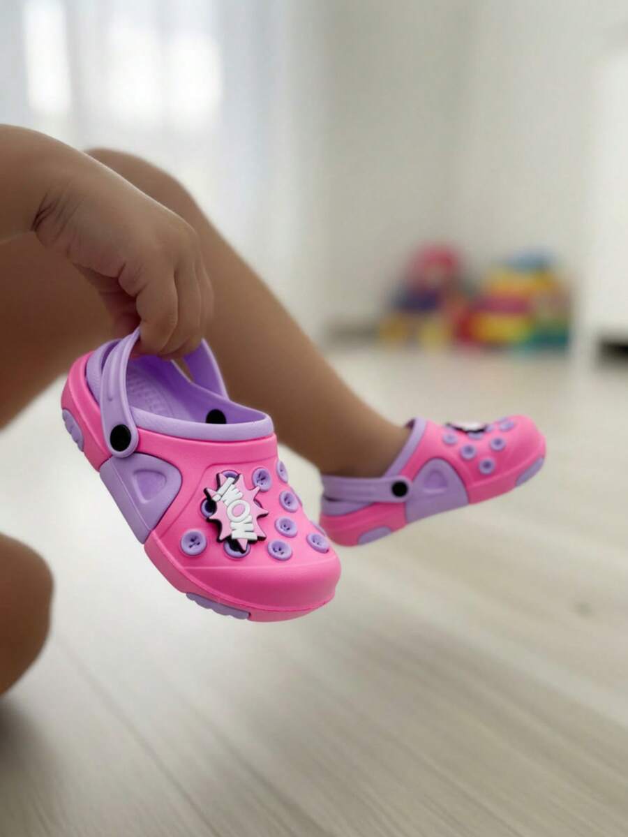 Zueco niña decoración botones alegre punta redonda talón abierto estilo divertido para verano y hogar - Morado - Ver 1