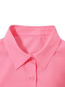 SHEIN LUNE 休闲纯色落肩宽松高低衬衫 - 珊瑚粉 - 查看 3