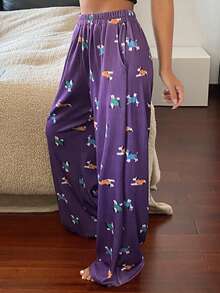 DAZY Quần ngủ rộng rãi in hình chú chó dễ thương dành cho nữ - Màu tím - Xem 6